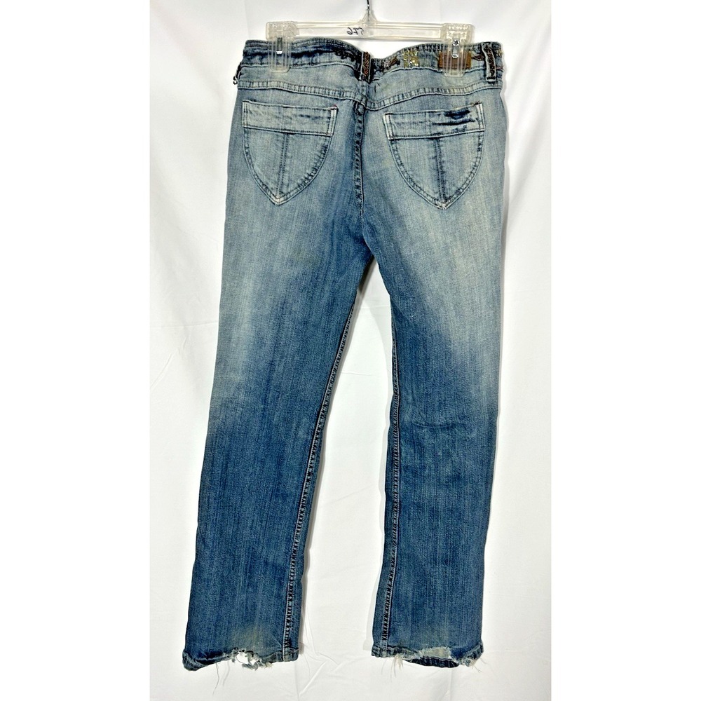 Refuge Vintage Y2K Jeans Womens‎ 13 Beaded Flare Ripped Hem Faded Grunge Denim